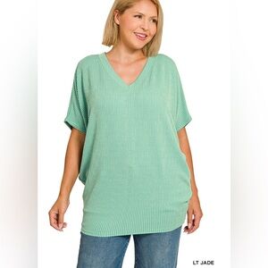 New!Plus Size 1X Zenana Women's Light Jade raised rib v-neck batwing top